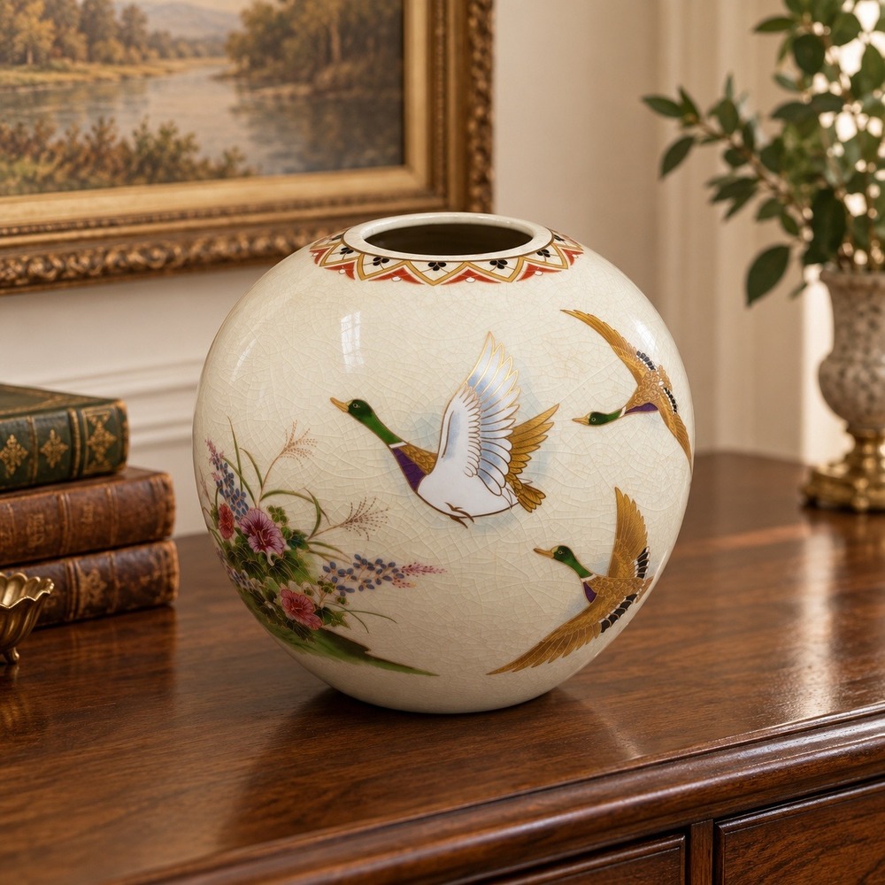 Vtg Meito Japanese Mallard Duck Vase Round Crackle Glaze Floral Gold Accents